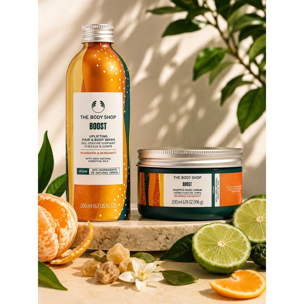 The Body Shop Boost Mandarin Bergamot Body Cream Hair Body Wash 2pc Set